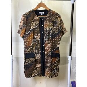 Dressbarn Womens 14 Brown Gold Botanical Leaf Sheer Button Front Jacket Tunic